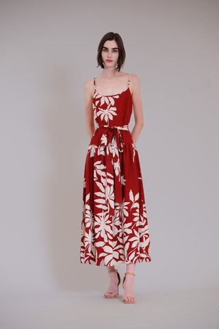 SLVLESS DROPPED WAIST LONG DRESS W SELF SASH
