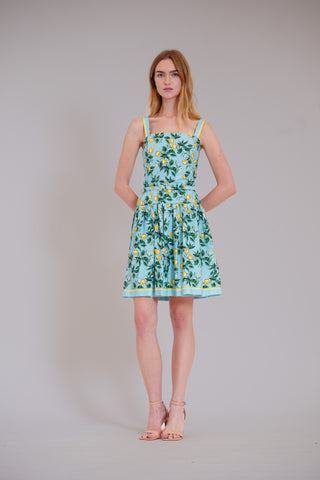 SQUARE NECK DROPWAIST SHORT DRESS W SELF BELT