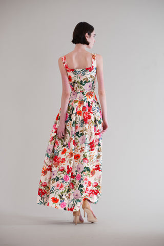 SQUARE NECK DROP WAIST W PLEATED LONG DRESS