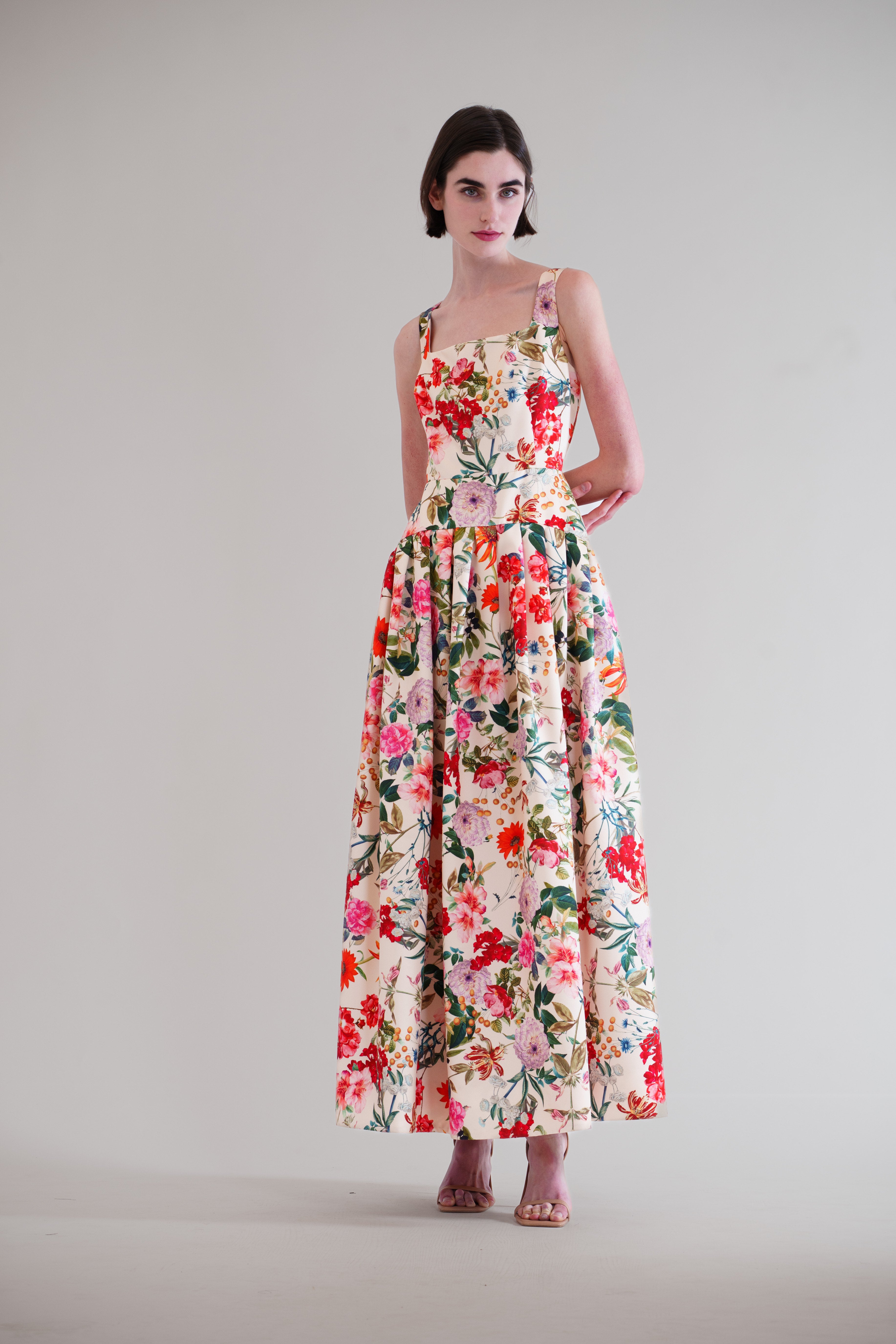 SQUARE NECK DROP WAIST W PLEATED LONG DRESS – JULIA JORDAN