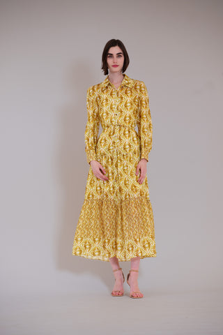 L/S SHIRT DRESS WITH WAIST TIE & TIERED SKIRT