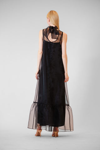 TIE NECK SOLID ORGANZA OVERLAY DRESS W SASH