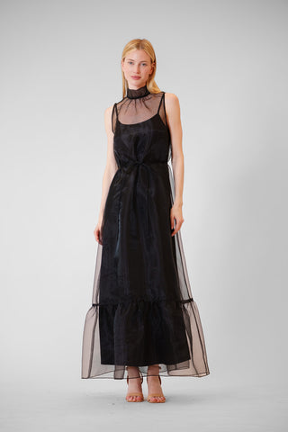 TIE NECK SOLID ORGANZA OVERLAY DRESS W SASH