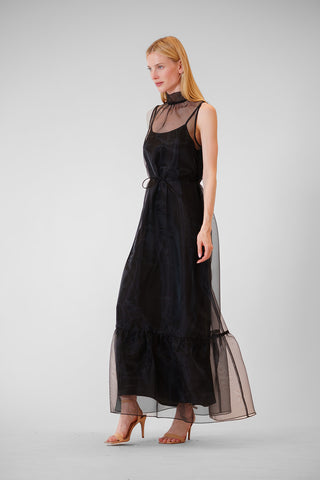 TIE NECK SOLID ORGANZA OVERLAY DRESS W SASH
