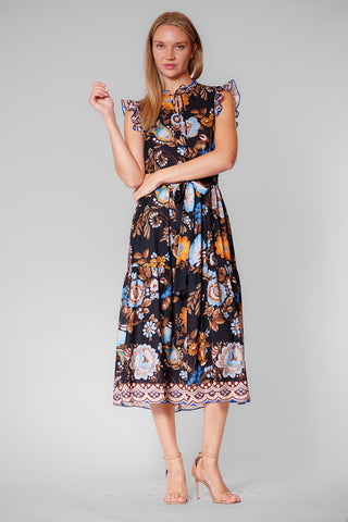 RUFFLE SLEEVE TIE NECK PRINTED MIDI DRESS