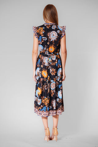 RUFFLE SLEEVE TIE NECK PRINTED MIDI DRESS