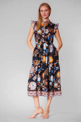 RUFFLE SLEEVE TIE NECK PRINTED MIDI DRESS