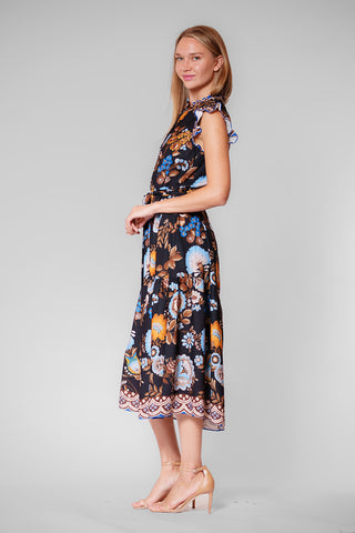 RUFFLE SLEEVE TIE NECK PRINTED MIDI DRESS