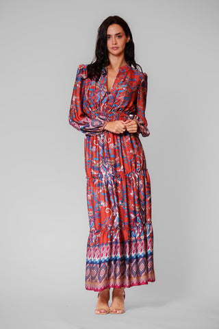 LONG SLEEVE V NECK TIERED MAXI DRESS