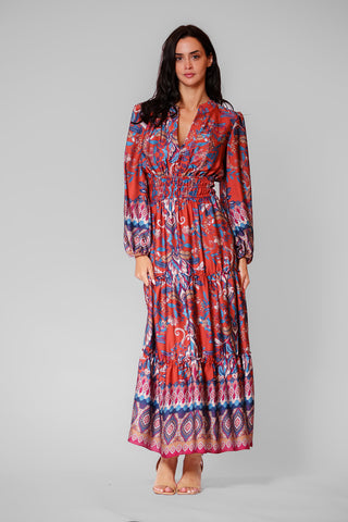 LONG SLEEVE V NECK TIERED MAXI DRESS