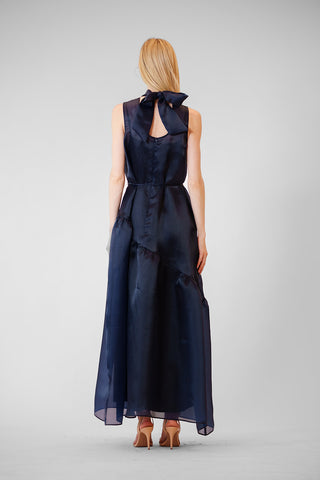 TIE NECK ORGANZA OVERLAY DRESS W SELF TIE