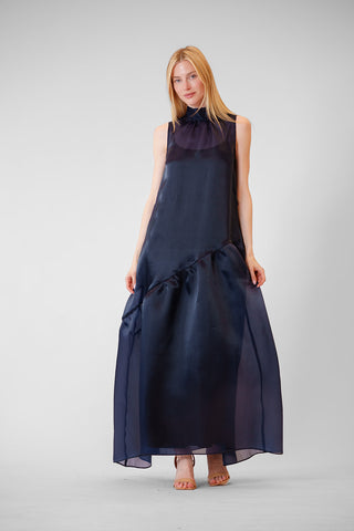 TIE NECK ORGANZA OVERLAY DRESS W SELF TIE