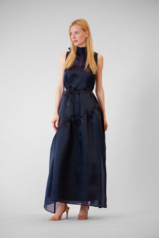 TIE NECK ORGANZA OVERLAY DRESS W SELF TIE
