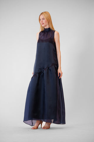 TIE NECK ORGANZA OVERLAY DRESS W SELF TIE