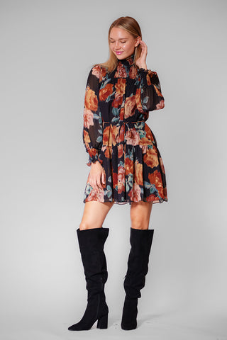L/S HIGH NECK SHORT DRESS W/ SELF TIE