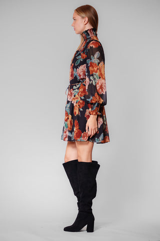 L/S HIGH NECK SHORT DRESS W/ SELF TIE