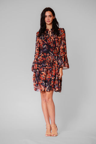 3/4 SLV BELL SLV SHORT DRESS W/ BOTTOM RUFFLE