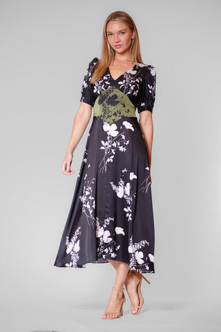 MIDI LENGTH SHORT SLV DRESS W CONTRAST PIECE