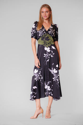 MIDI LENGTH SHORT SLV DRESS W CONTRAST PIECE