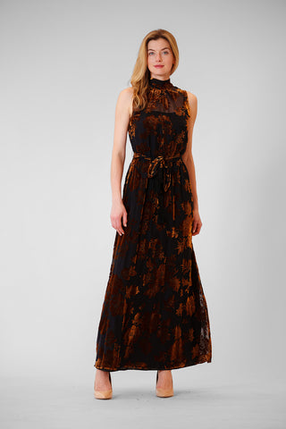 TIE NECK VELVET PRINT/ OVERLAY DRESS