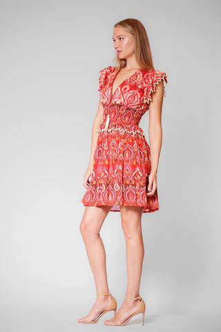SHORT DRESS W SMOCKED WAIST & TRIM DETAILS