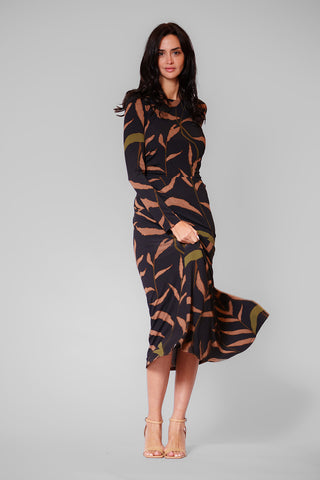 PRINTED MIDI DRESS W LONG SLV