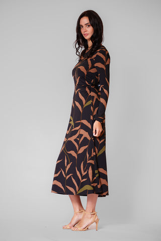PRINTED MIDI DRESS W LONG SLV