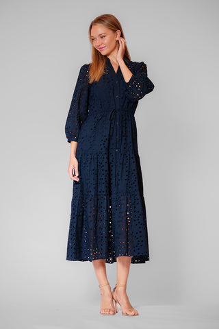 3/4 SLV MIDI DRESS W/ COLLAR & TIE WAIST