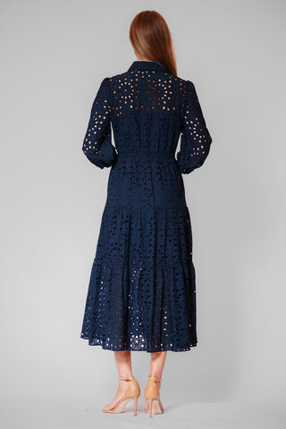 3/4 SLV MIDI DRESS W/ COLLAR & TIE WAIST