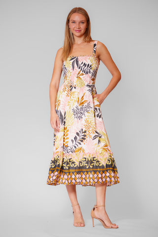 STRAPLESS MIDI SMOCKING DRESS W BASQUE WAIST - STRAPS THICKER THAN IMAGE