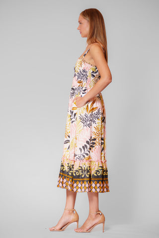STRAPLESS MIDI SMOCKING DRESS W BASQUE WAIST - STRAPS THICKER THAN IMAGE