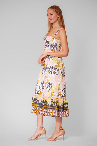 STRAPLESS MIDI SMOCKING DRESS W BASQUE WAIST - STRAPS THICKER THAN IMAGE