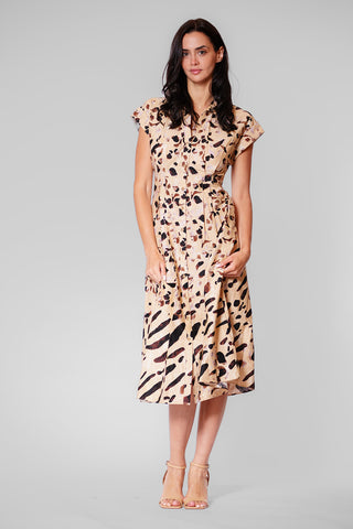 SHORT SLEEVE V NECK PRINTED MIDI SHIRT DRESS