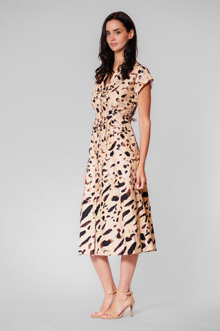 SHORT SLEEVE V NECK PRINTED MIDI SHIRT DRESS
