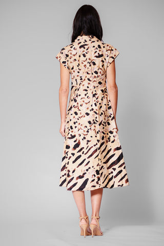 SHORT SLEEVE V NECK PRINTED MIDI SHIRT DRESS