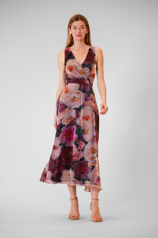 V-NECK SLVLESS PRINTED ORGANZA MIDI GOWN