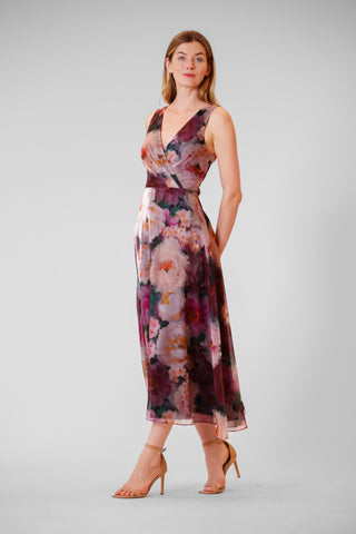 V-NECK SLVLESS PRINTED ORGANZA MIDI GOWN