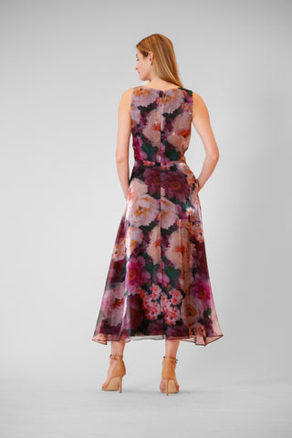 V-NECK SLVLESS PRINTED ORGANZA MIDI GOWN