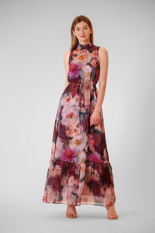 TIE NECK PRINTED ORGANZA OVERLAY DRESS W TIE