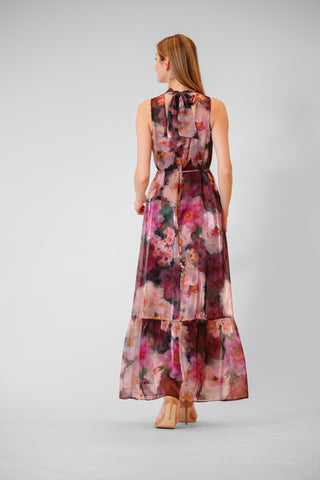 TIE NECK PRINTED ORGANZA OVERLAY DRESS W TIE