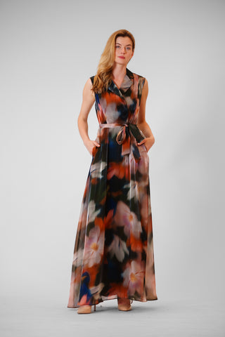 SLVLESS LONG ORGANZA DRESS W LAPEL&SELF SASH
