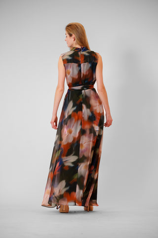 SLVLESS LONG ORGANZA DRESS W LAPEL&SELF SASH