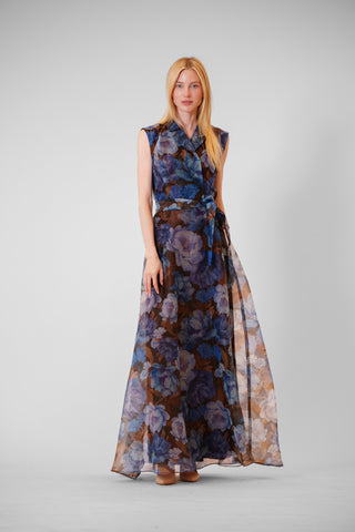 SLVLESS LONG DRESS W LAPEL & SELF SASH