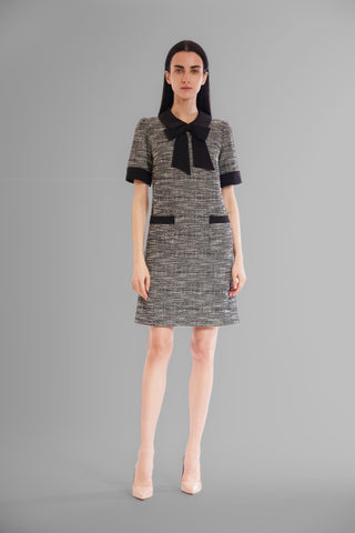 BOUCLE SHORT SLEEVE DRESS W CREPE BOW DETAIL