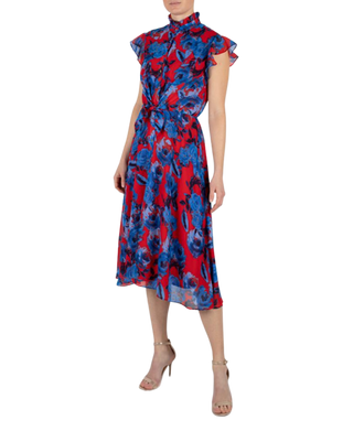 Red and Cobalt Chiffon Tie Front Shirt Dress