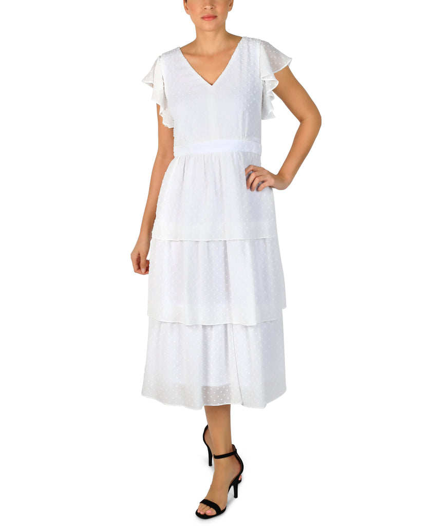 Swiss dot chiffon v neck tiered skirt midi length dress with